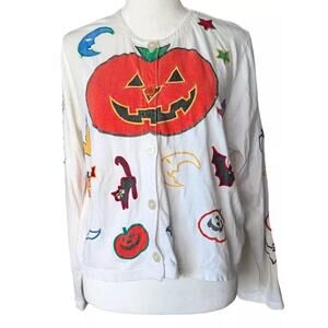 Michael Simon Halloween Sweater Cardigan L Cat Pumpkin Witchy Button Painted Vtg